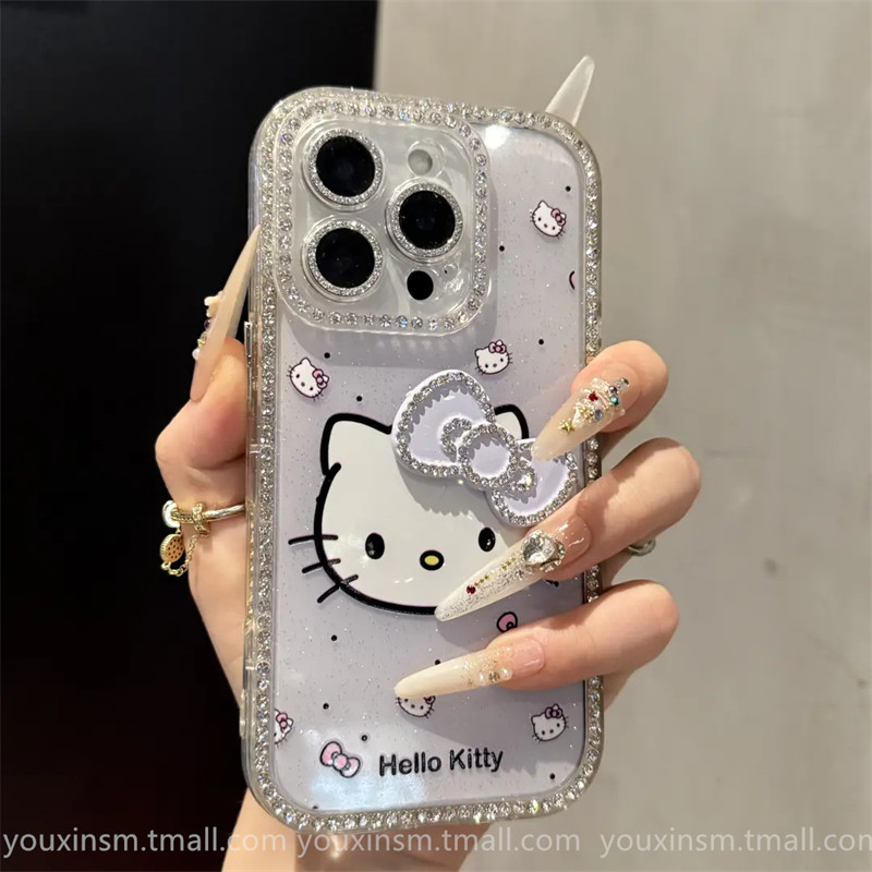ins High-Looking Gradient Kt Cat Diamond-Encrusted Suitable for iPhone 16 Promax Apple 15 Mobile Phone Case 14 New Style 16 Super Good-Looking 12 Classy 13 Female 2025 Internet Celebrity Hot Model Pro Anti-Fall Promax