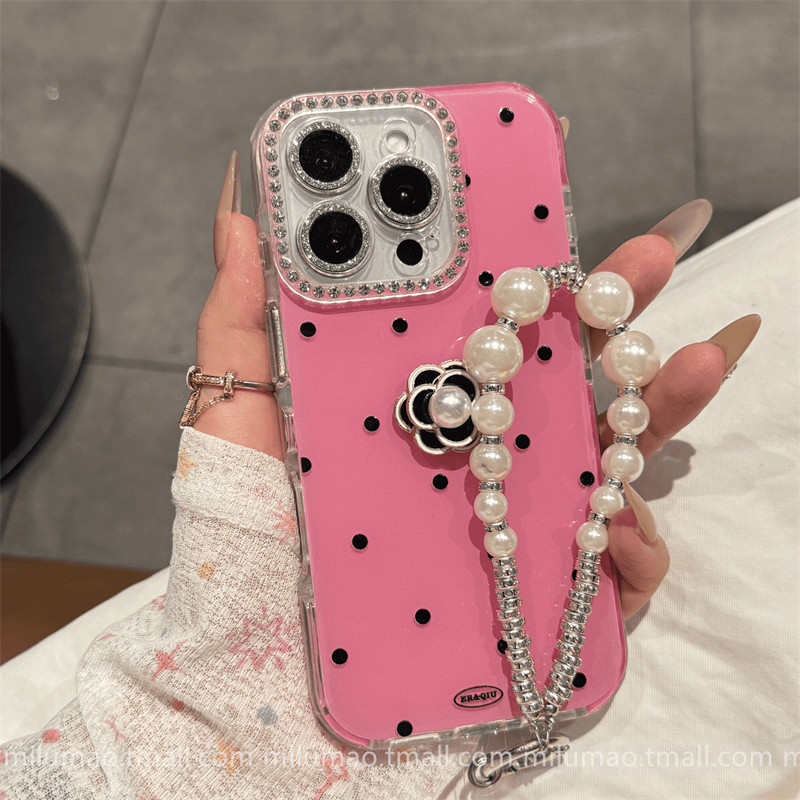 ins Gentle Wave Pattern Camellia with Hanging Chain Suitable for iPhone 15 Pro Apple 16 Phone Case 17Promax New Model 11 Internet Celebrity 12 Popular Model 13 Women's Model 14Plus Soft Promax Shockproof