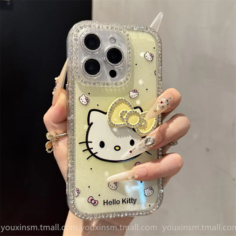 ins High-Looking Gradient Kt Cat Diamond-Encrusted Suitable for iPhone 16 Promax Apple 15 Mobile Phone Case 14 New Style 16 Super Good-Looking 12 Classy 13 Female 2025 Internet Celebrity Hot Model Pro Anti-Fall Promax
