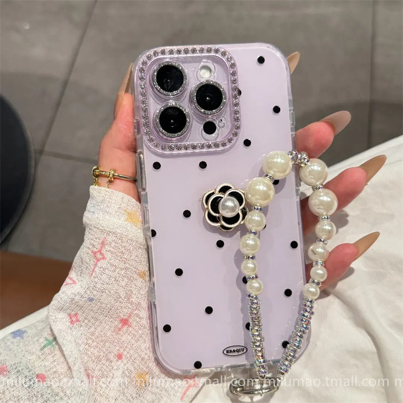 ins Gentle Wave Pattern Camellia with Hanging Chain Suitable for iPhone 15 Pro Apple 16 Phone Case 17Promax New Model 11 Internet Celebrity 12 Popular Model 13 Women's Model 14Plus Soft Promax Shockproof