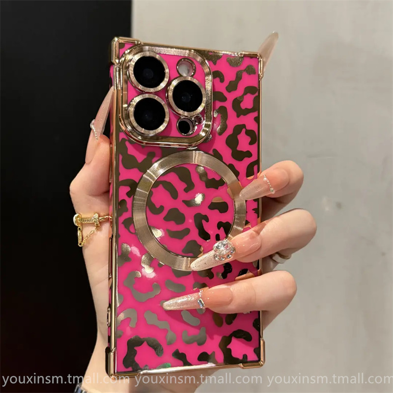 ins High-End Luxury Leopard Print Phone Case Suitable for iPhone 16 Pro, Apple 17, New Model 15 Pro Max, Magnetic 11, Right-Angle 12, Trendy for Women 13, Popular 14 Plus, Internet Celebrity Hot Item 16 Pro Max, Shockproof Cover