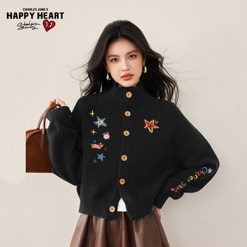 Charles Heart Half-High Collar Long-Sleeved Knitted Cardigan for Women New Style Star Pattern Loose Shoulder Sweater Jacket