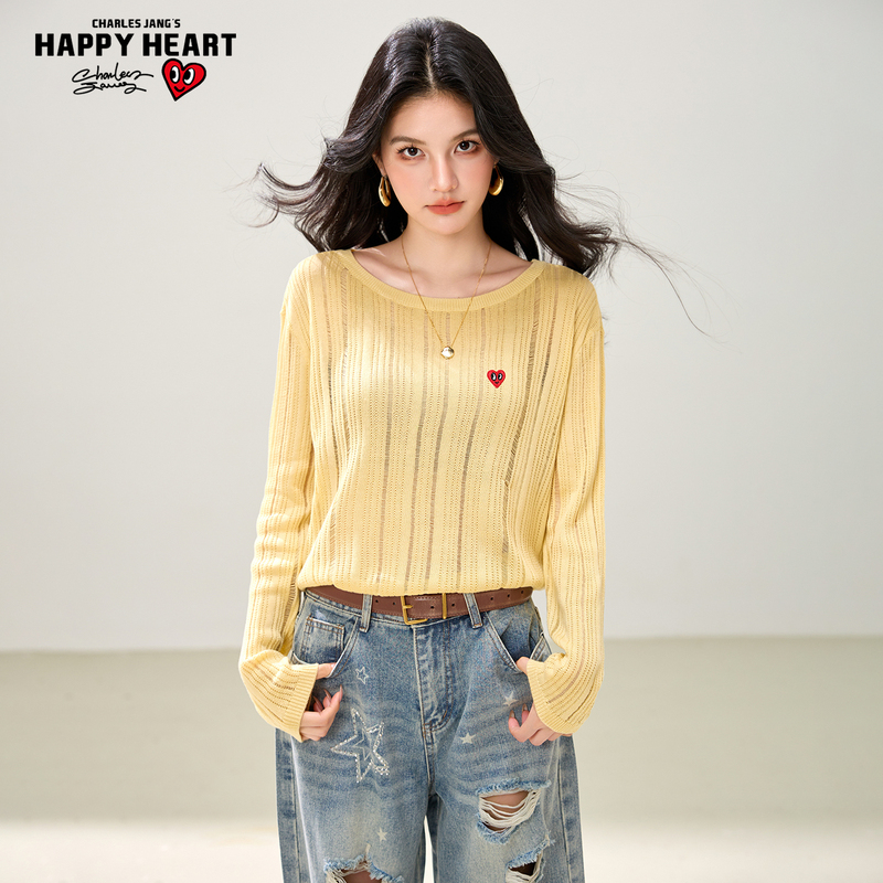 Charles Heart Button Back Knit Sweater for Women 2026 Autumn Hot-Selling Hollow Out Knit Long Sleeve Top