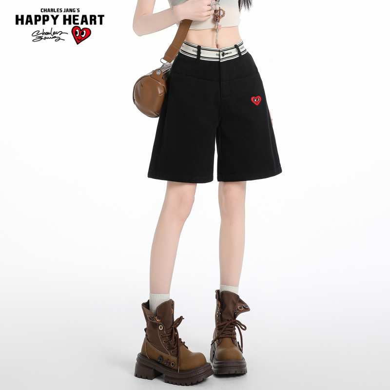 Charles Heart Black Denim Shorts for Women, Summer New Style, Pure Cotton, Loose Straight-Leg, Slimming Wide-Leg Mid-Length Shorts