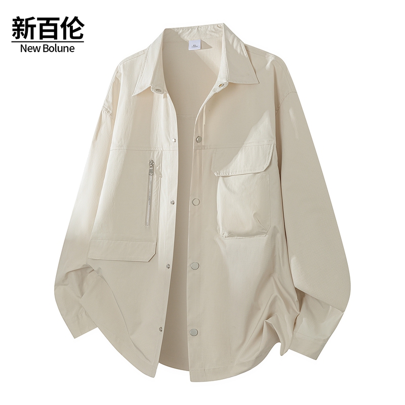 New Balance Pocket Zipper Work Shirt for Men, Spring and Autumn 2025 New Style, Loose Fit, Turn-Down Collar, Long-Sleeve Jacket, Trendy