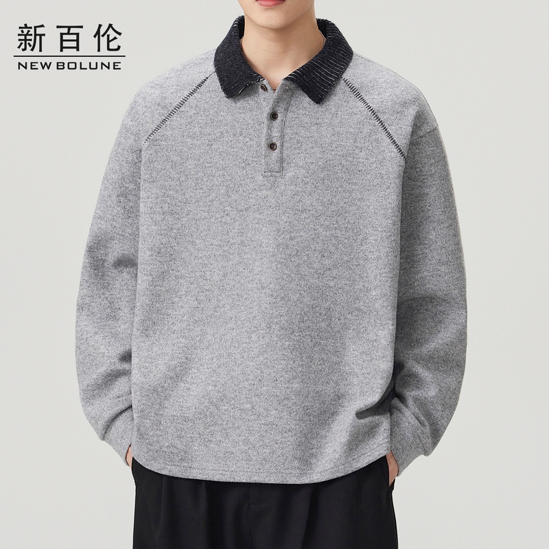 New Balance Heavyweight Wool Sweatshirt for Men, Autumn New Style, Loose Fit, Turn-Down Collar, Long-Sleeve Polo Shirt, Casual Base Layer, Trendy