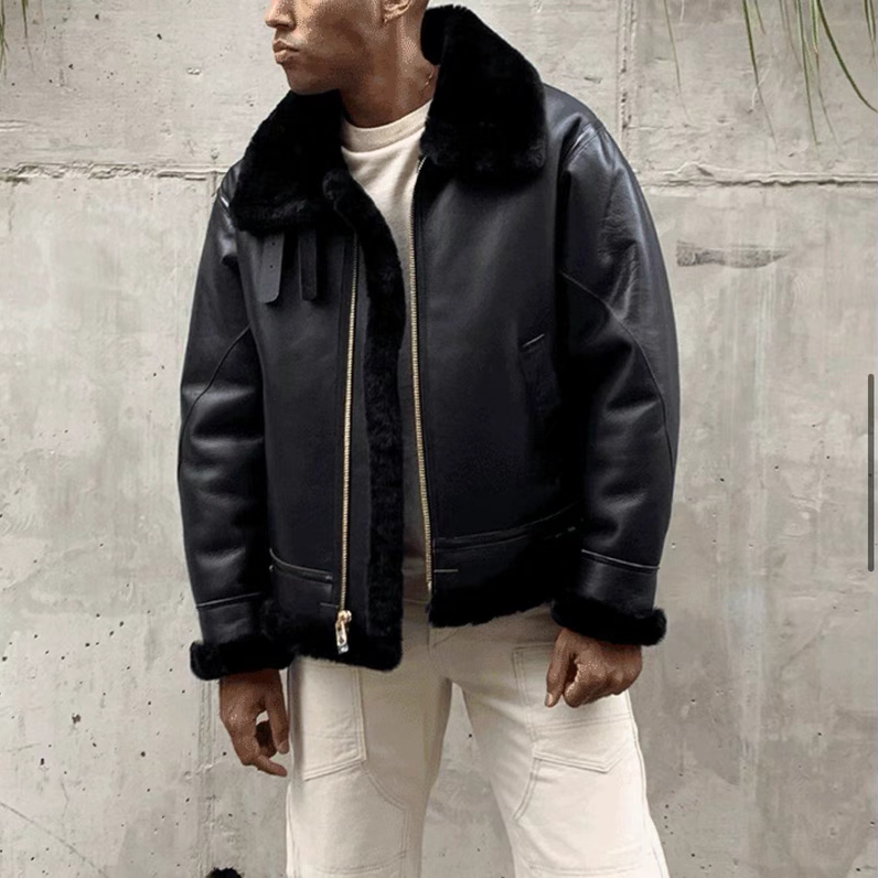 Black Fur Version B3. Men's Classic American-Style Winter Jacket Made of Natural Australian Fur and Leather, Warm and Cold-Resistant