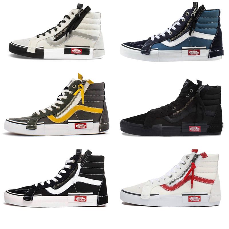 Sk8-Hi Cap Black and White High-Top Deconstructed Zippered Reflective Checkerboard Casual Shoes Skateboard Shoes for Men and Women