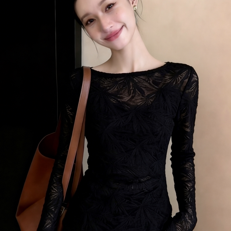 High-End Exquisite Black See-Through Jacquard Flared Sleeve Lace Blouse for Women, New Summer Style, Unique and Stunning Slim-Fit Top