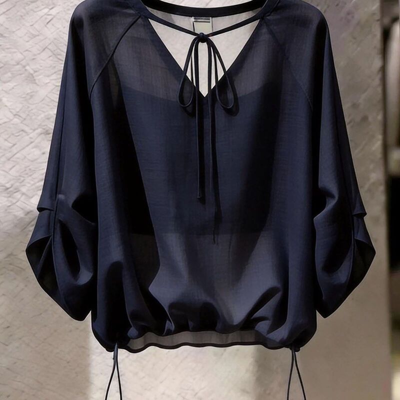 Super Stylish and Fashionable Dark Blue V-Neck Drawstring Top, Summer Chic Workwear Shirt, Unique 2026 New Model