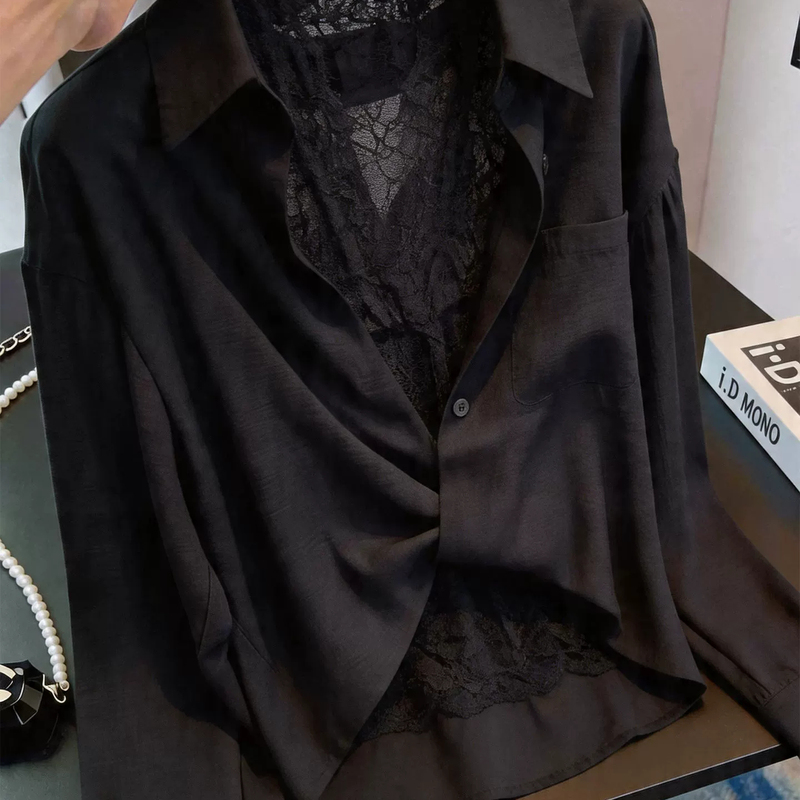 French-Style Black Lace Patchwork Long-Sleeve Shirt for Women, 2026 Autumn New Design, Niche Style, Loose-Fitting Top French-Style Black Lace Patchwork Long-Sleeve Shirt for Women, 2026 Autumn New Design, Niche Style, Loose-Fitting Top