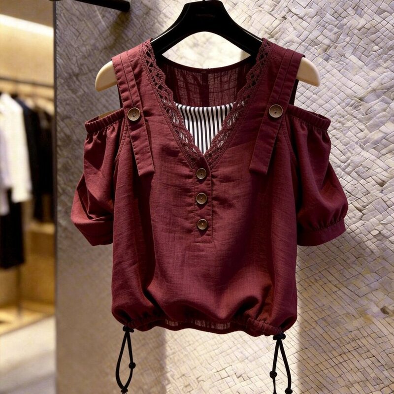 French-Style Off-Shoulder Top for Women, 2026 Summer New Model, Burgundy Lace Button Drawstring, Fashionable and Versatile, Slimming