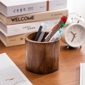 Thai teak simple pen holder solid wood desktop storage pen holder creative retro office ornament large capacity pen holder
