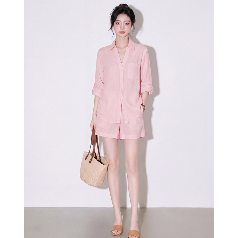 High-End Old Money Style Outfit, Cotton and Linen Suit, Casual V-Neck Linen Pink Sun-Protective Shirt and Shorts, Stylish and Age-Reducing
