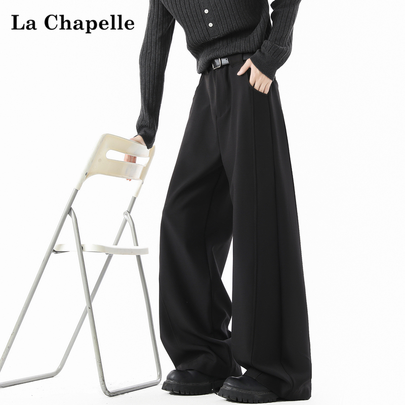 La Chapelle American-Style Black Drapey Casual Trousers for Men 2026 Autumn Loose Wide-Leg Cleanfit Long Pants