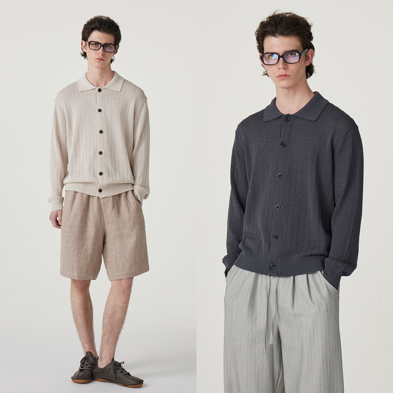 Ef Men's Clothing Japanese Paper Yarn Nano Silk Blend Knitwear Men's Summer Breathable Cool Hollow Polo Cardigan Top