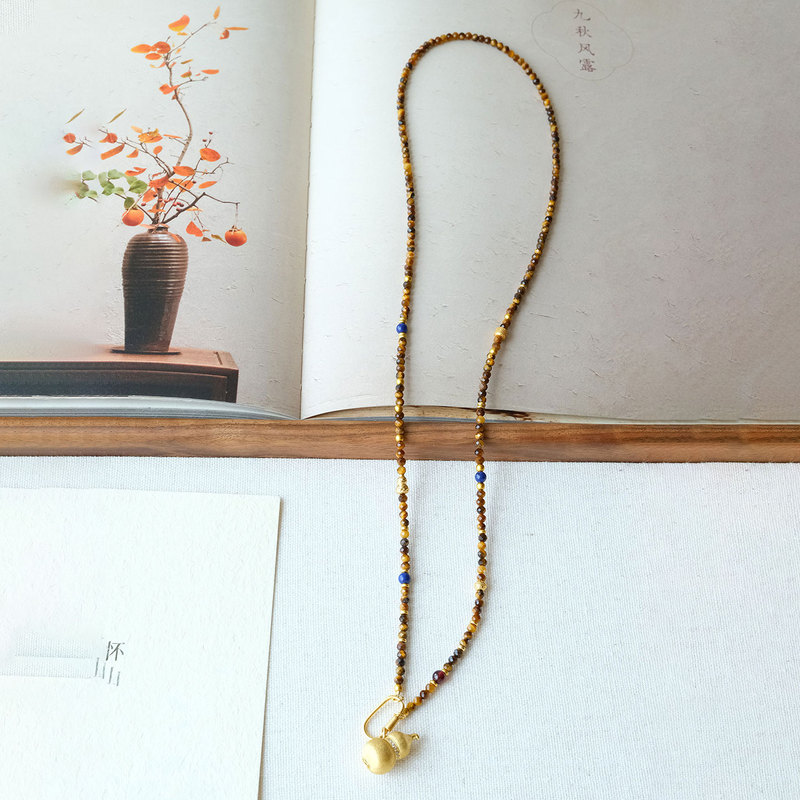 Huaishan Original 3mm Black Tiger Eye Stone Bead Necklace Sweater Chain Pendant Gold Charm with Universal Chain Huaishan Original 3mm Black Tiger Eye Stone Bead Necklace Sweater Chain Pendant Gold Charm with Universal Chain
