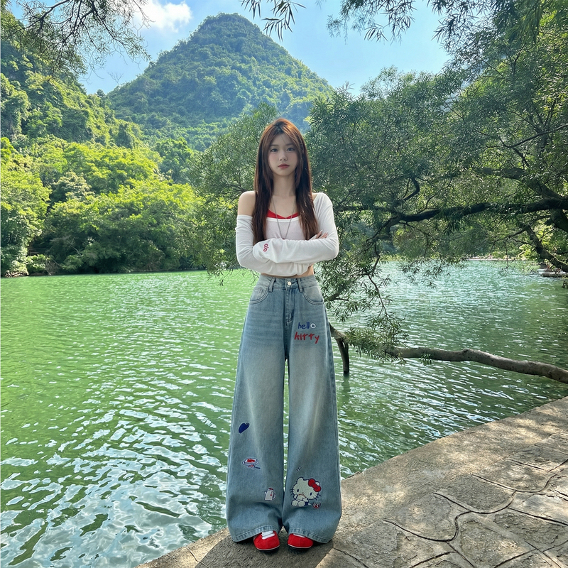 Hellokitty Cartoon Embroidered Jeans for Women Kt Cat Slimming Loose Straight Wide-Leg Pants Spring and Summer New Style 2026 Hellokitty Cartoon Embroidered Jeans for Women Kt Cat Slimming Loose Straight Wide-Leg Pants Spring and Summer New Style 2026
