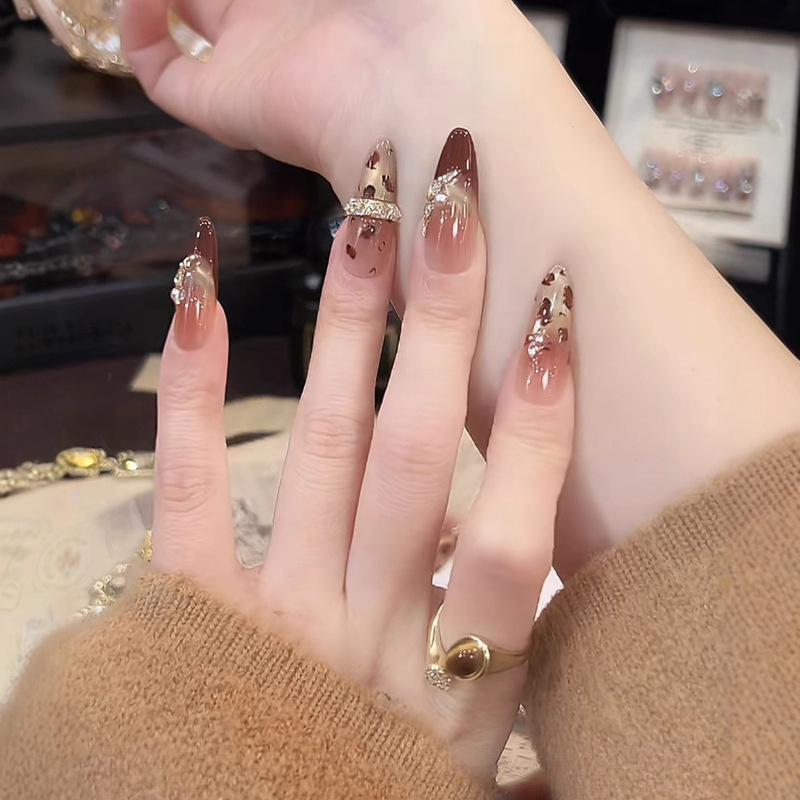 【Leopard Print Millionaire】Handmade Long Brown French Leopard Print Nails, Pure and Alluring, High-End Feel, Brightening Manicure