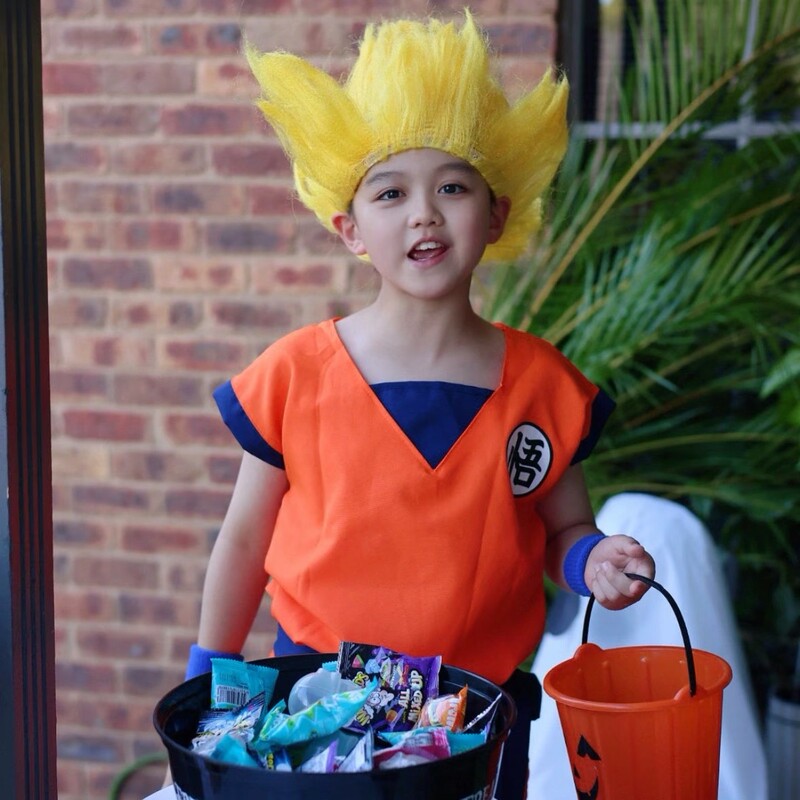 Halloween Cosplay Costume for Kids, Dragon Ball Son Goku Outfit, Wig, Golden Staff, Super Saiyan Role Play