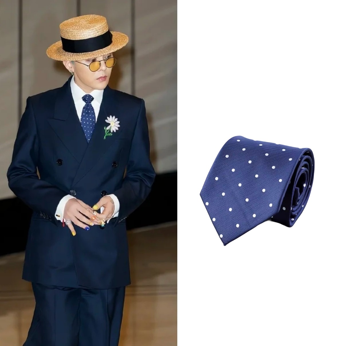 Navy blue polka dot tie, unisex, hand-stitched texture