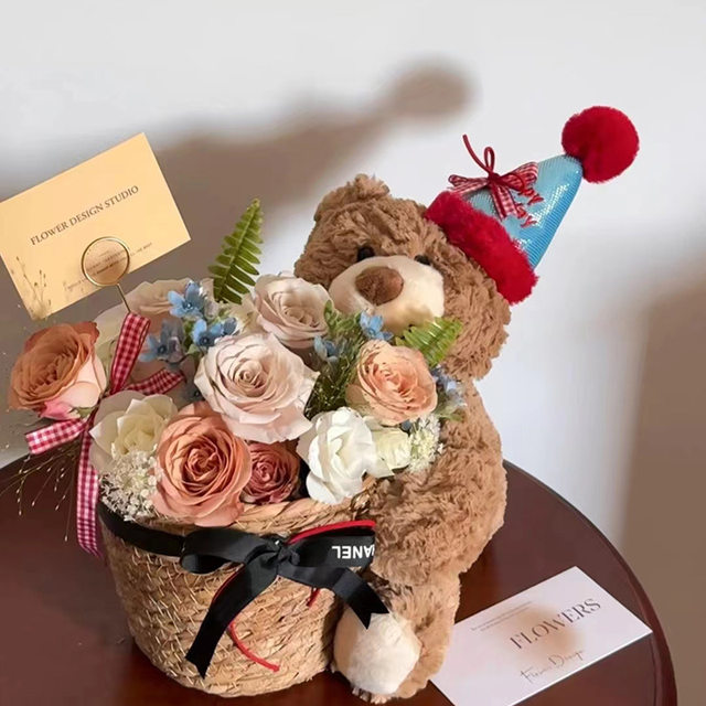 Doll Eternal Flower Bouquet Hug Bucket Gift for Girls' Birthday, Girlfriend, Best Friend, Valentine's Day Gift