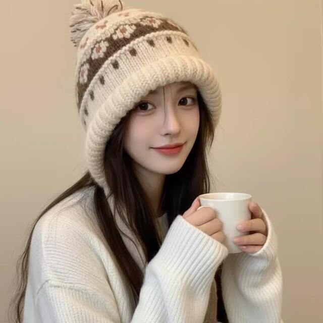 Fair Isle Hat Large Head Circumference Woolen Hat for Women Autumn and Winter Warm Hat Beige Ear-Protecting Hat with Pom-Pom Thick Knitted Hat