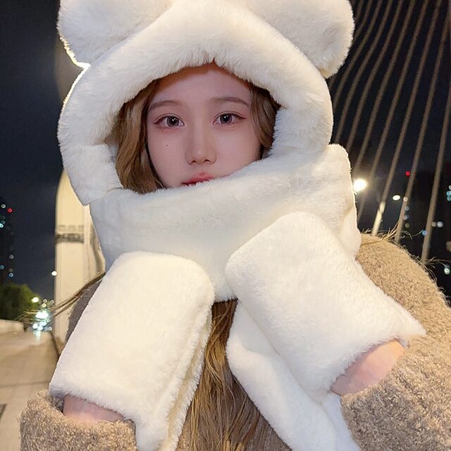 Plush Teddy Bear Hat, Autumn and Winter Women's Scarf and Gloves Set, Winter Neck Warmer, Cute Cartoon, Warm Winter Three-Piece Set