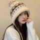 Fair Isle Hat Large Head Circumference Woolen Hat for Women Autumn and Winter Warm Hat Beige Ear-Protecting Hat with Pom-Pom Thick Knitted Hat