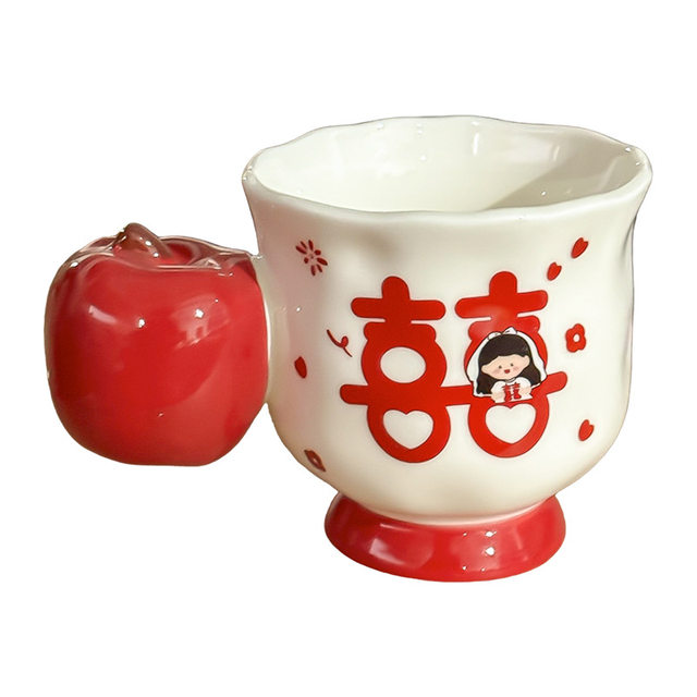 Red Apple Double Happiness Ceramic Mugs, Cute Wedding Gift for Couples, Tall and Aesthetically Pleasing Design, Niche Style