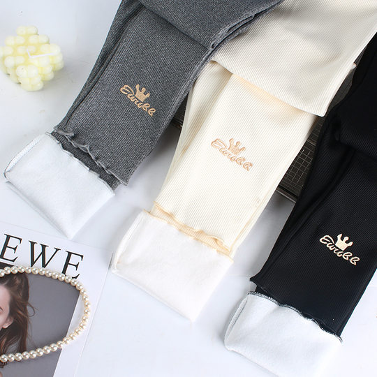 儿童秋季外穿裤子2025款女童木耳边刺绣加绒打底裤女宝宝洋气长裤