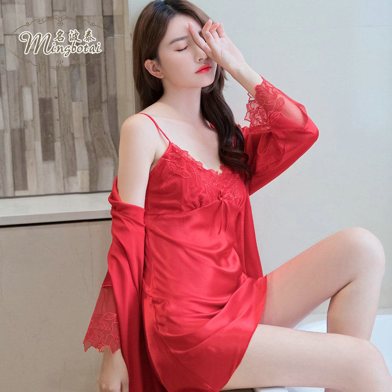 Pajamas women's summer short-sleeved two-piece suit silk lace skirt sexy spring and autumn long-sleeved ice silk nightdress home service