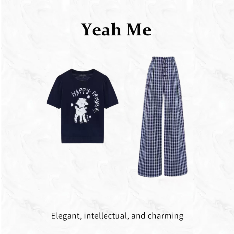 Yeah Me/也觅【旧梦方格】Summer Versatile Simple Casual Pants Set Fashionable Slimming Set