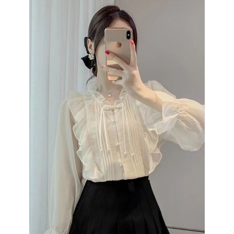 New Chinese-Style Button-Up French Ruffle Lace Gentle Chiffon Blouse 2025 New Design Trendy Top