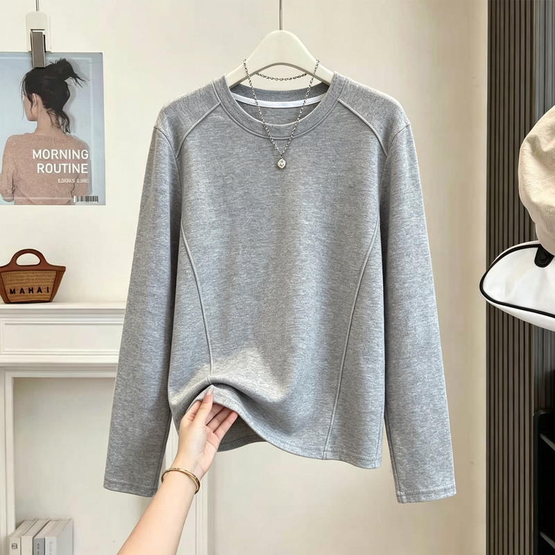 Korean Style Niche Gray Herringbone Long-Sleeve T-Shirt for Women, Early Autumn, Round Neck, Loose Fit, Slimming, Versatile, Simple Base Layer
