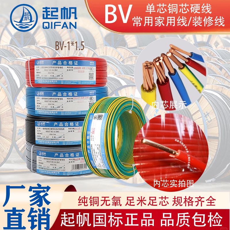 Qifan Electric Wire for Home Decoration, Bv 1.5/2.5/4/6/10/16/25 Square Millimeter, National Standard Pure Copper Hard Wire