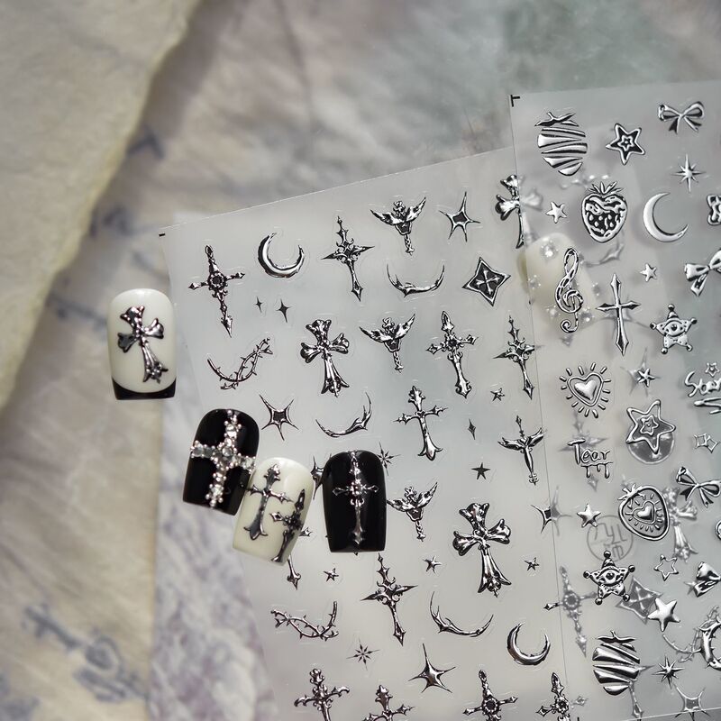 European and American Gothic Style Versatile Cross-Shaped Trendy Metallic Silver Nail Stickers with Adhesive Backing