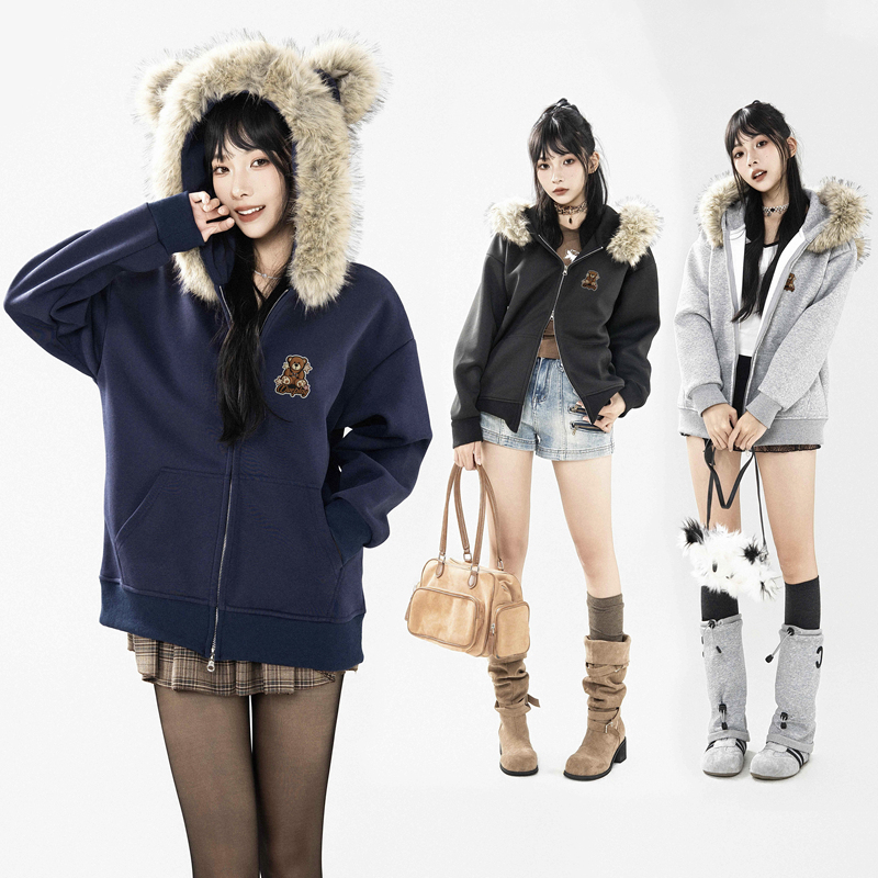 F66【Furry Little Bear】Plush Embroidered Bear Ears, Fur Collar, Fleece-Lined, Thickened Cardigan Jacket for Spring and Autumn F66【Furry Little Bear】Plush Embroidered Bear Ears, Fur Collar, Fleece-Lined, Thickened Cardigan Jacket for Spring and Autumn