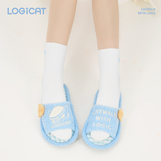 LOGICAT毛绒拖鞋秋冬保暖居家舒适防臭防滑猫咪室内一字棉拖鞋