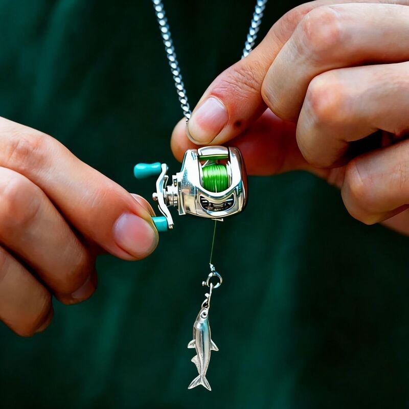 New Lure Necklace, Personalized Metal Fishing Line Reel Necklace, Water Drop Reel Ring, Popular Fishing Bag Pendant