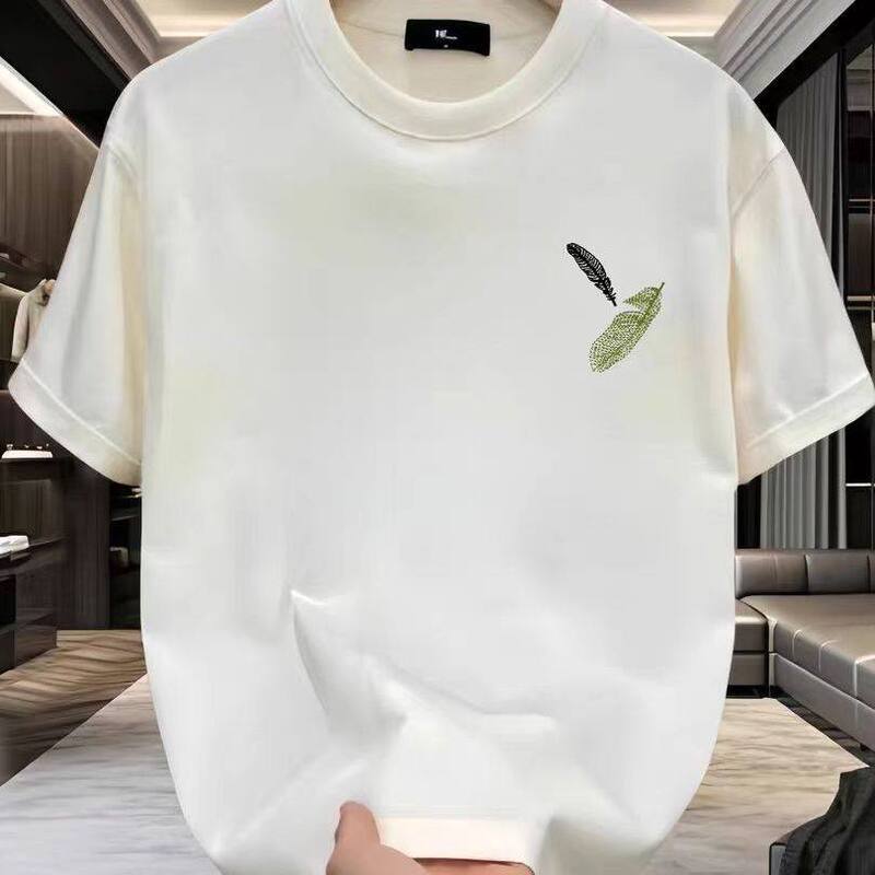 Short-Sleeved T-Shirt for Men 2026 Summer New Style Feather Print Pure Cotton Loose and Versatile White Trendy Brand Top Base Shirt