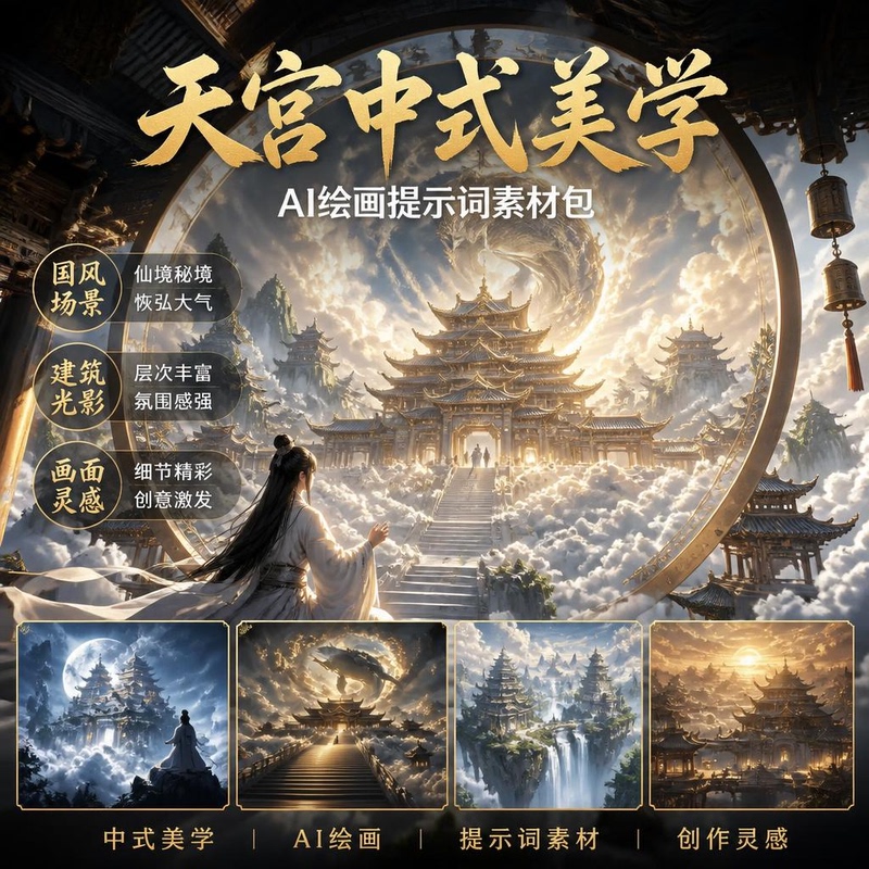 Tian Gong Chinese-Style Ai Painting Prompts, Fairy Tale Scene Architecture, Light and Shadow Creation Material Templates, Digital Version Tian Gong Chinese-Style Ai Painting Prompts, Fairy Tale Scene Architecture, Light and Shadow Creation Material Templates, Digital Version