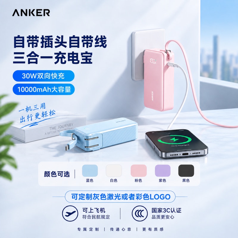 Anker's New Three-In-One Power Bank with Fast Charging, Plug, and Built-In Cable, 3C Certified, Suitable for Use on Airplanes Anker's New Three-In-One Power Bank with Fast Charging, Plug, and Built-In Cable, 3C Certified, Suitable for Use on Airplanes