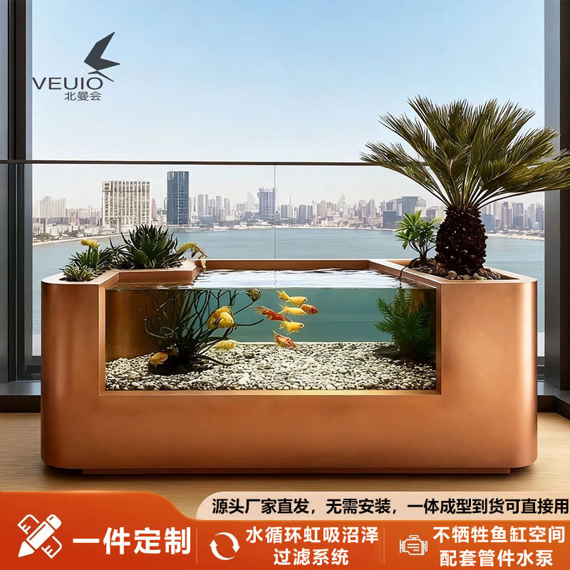 VEUIO ガラス製水槽 バルコニー用 生態系水槽 循環式浄水器と流水式景観フラワーボックス付き