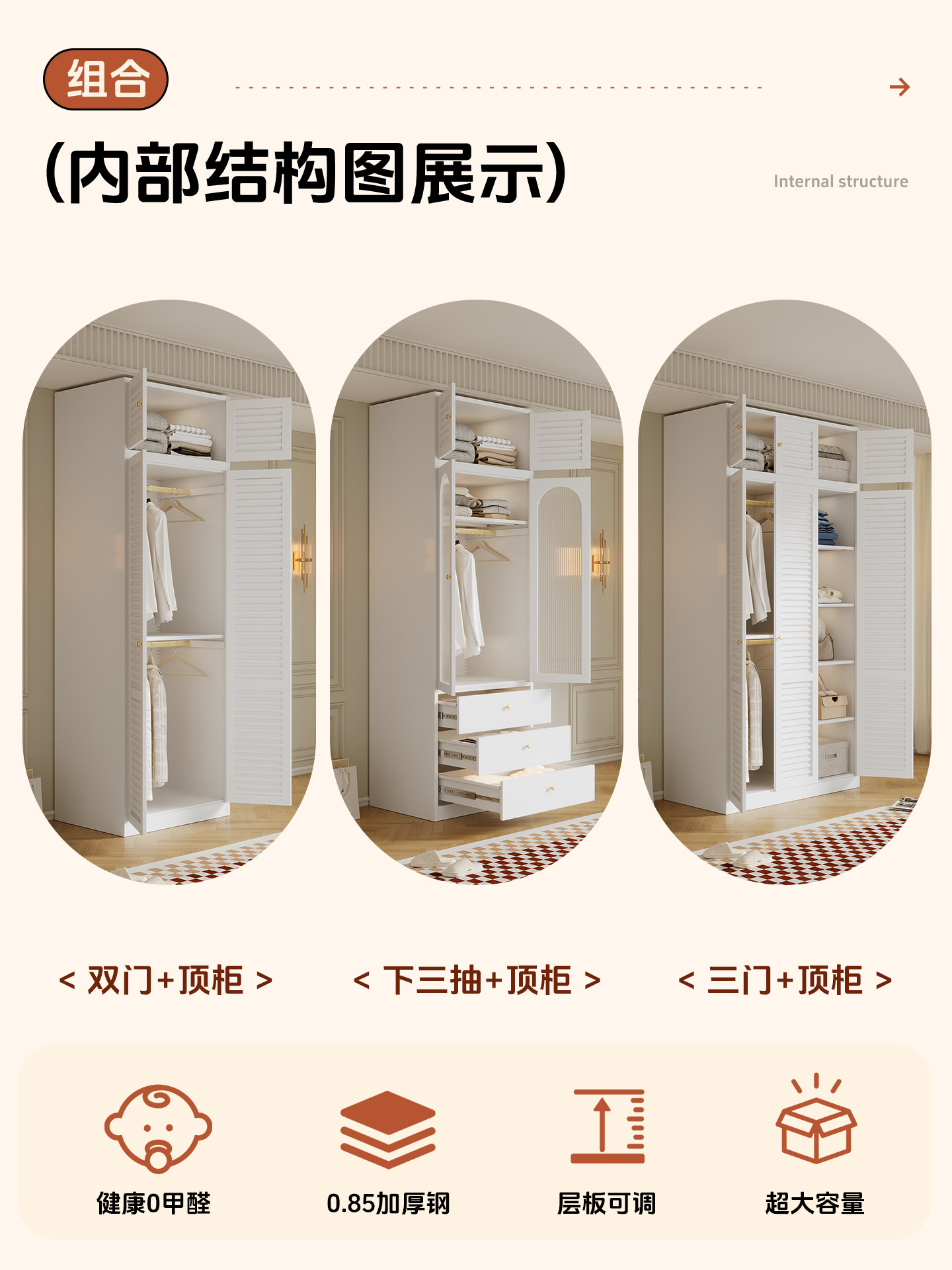 French-Style Metal Wardrobe for Bedroom, Formaldehyde-Free Steel Wardrobe, 2025 New Model, Walk-In Closet Combination Cabinet, Storage Cabinet