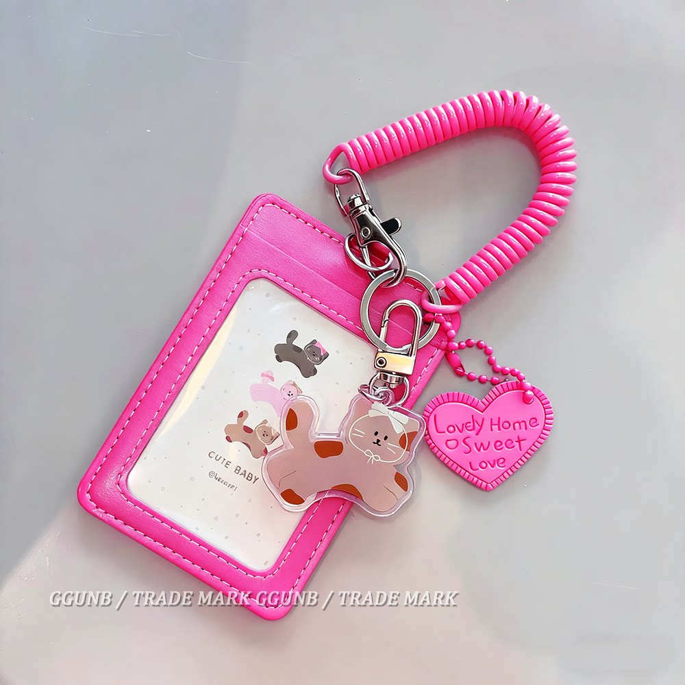 Bow-shaped cat baby pink leather heart-shaped square leather NFC card holder for students, sliding card holders for meals, subways, electric bikes, and residential areas.
