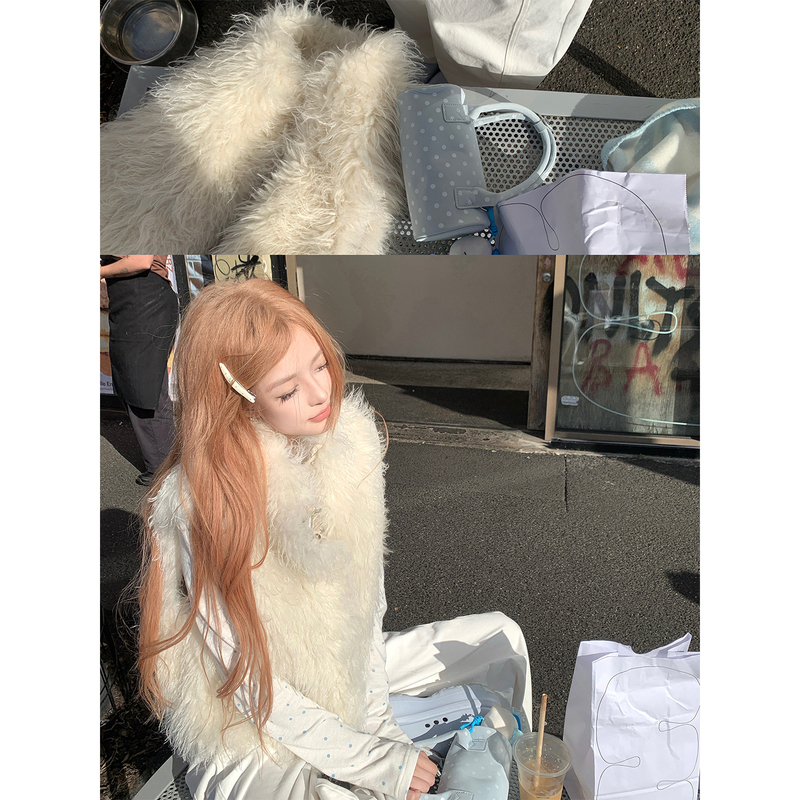 Ceezzzi High-Weight Long Curly Fur Vest for Women, Eco-Friendly Faux Fur, Fluffy Sleeveless Jacket Vest