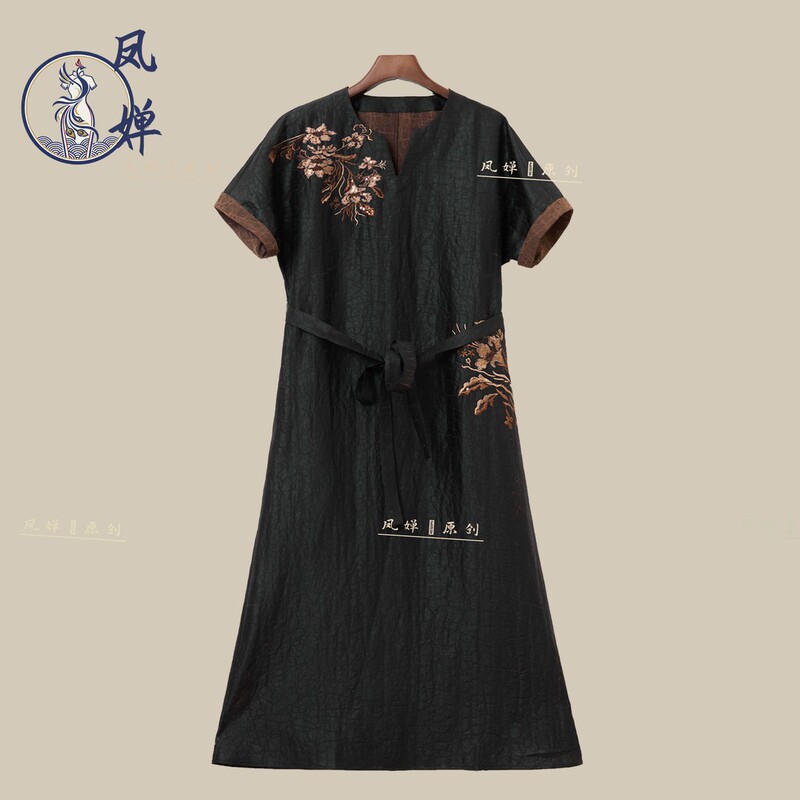 Fengchan·Original Ink-Dyed Golden Branch New Chinese Style Heavy Embroidery Xiangyun Silk Fashionable Mother's Dress