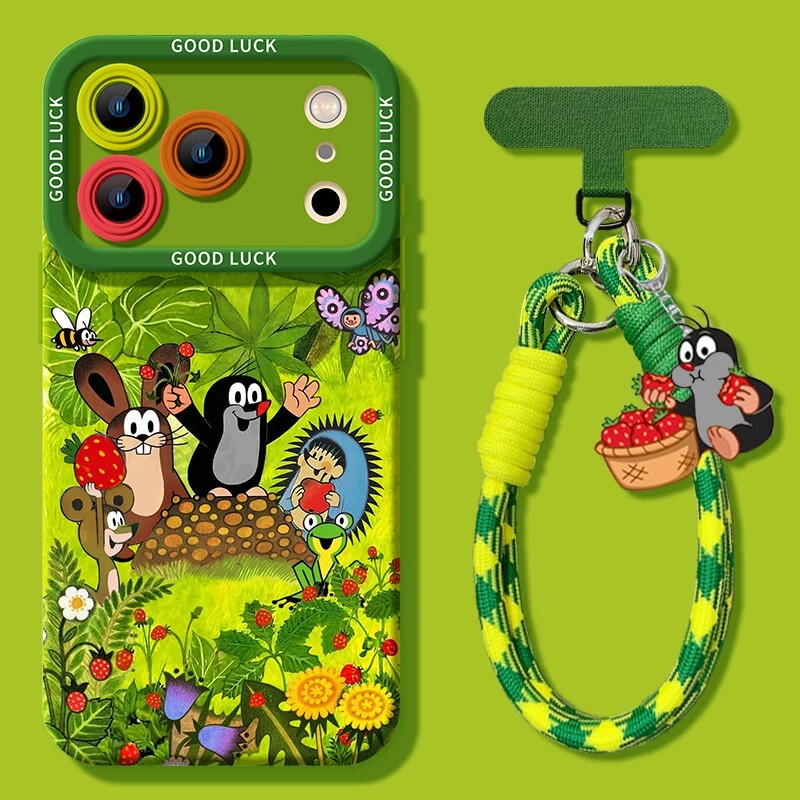 Japanese Eumeya Phone Case for Apple 17 Pro Max iPhone 16 New Model 15 Green Plus 14 Mole 13 Cute 12 Silicone Max with Lanyard Cartoon Full Coverage 15 Pro Case