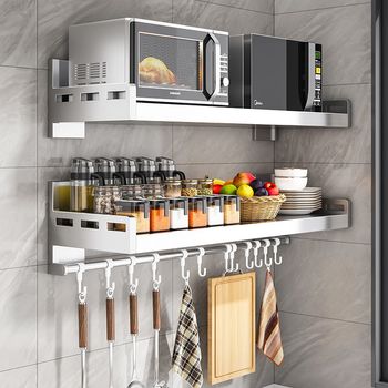 Stainless steel kitchen microwave oven storage rack wall-mounted seasoning rack without punching on the wall hanging storage rack